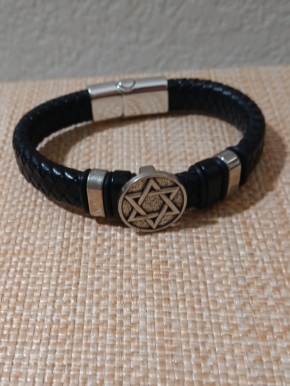 NWOT Men's Black Braided Leather Bracelet with Silver Star Medallion